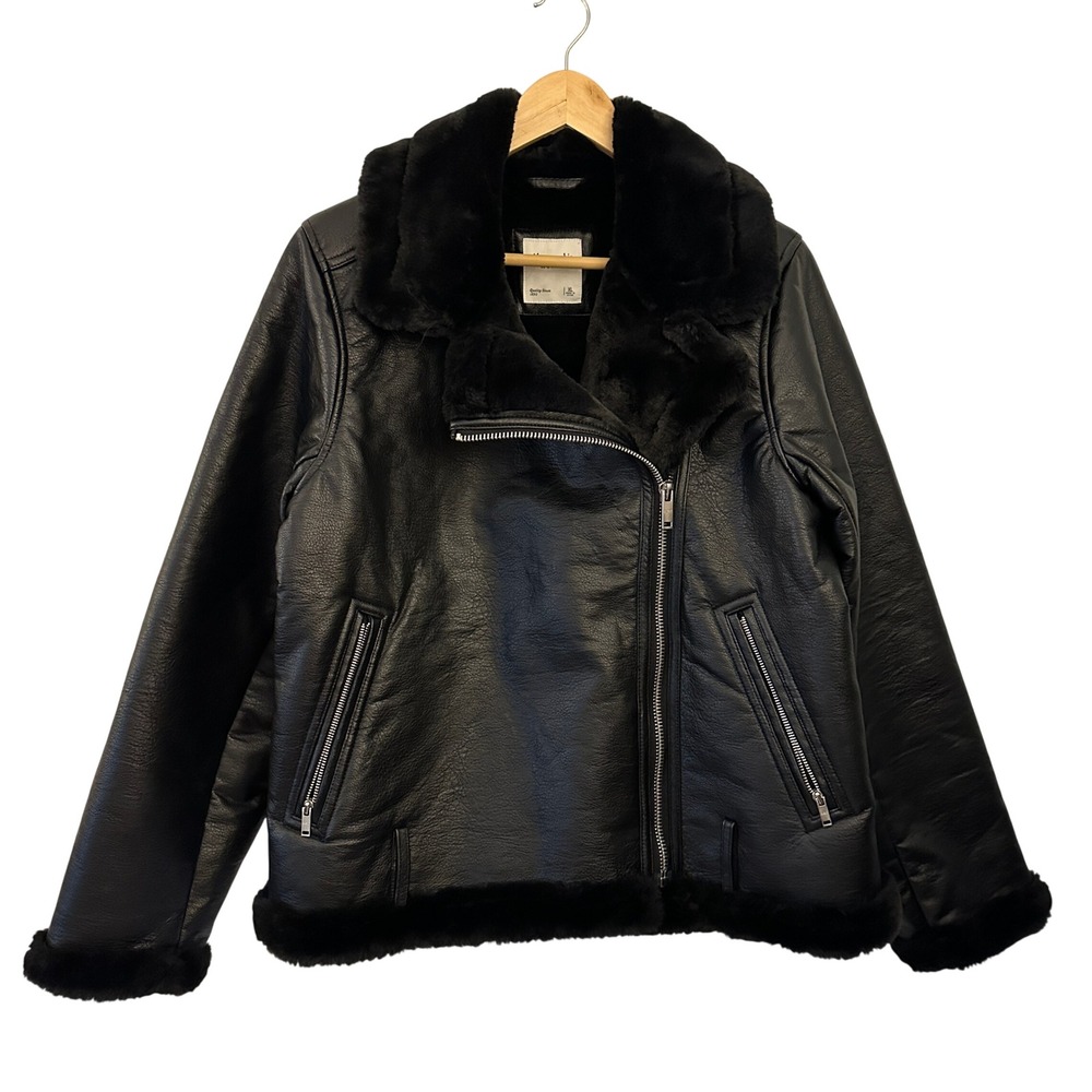 Abercrombie & Fitch Faux Leather Shearling Moto Jacket Womens XL Black Excellent
